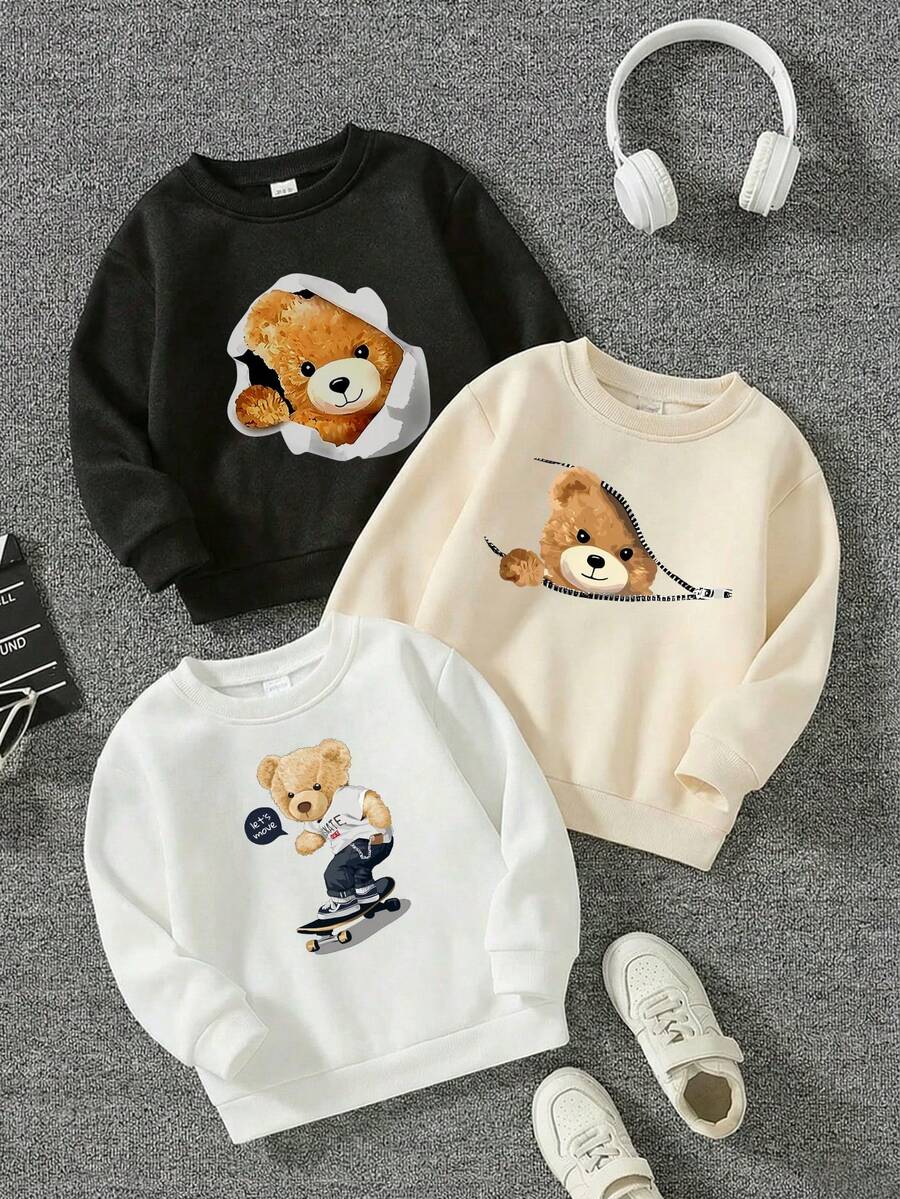 3 件男婴休闲印花圆领套头连帽衫，秋冬 - 可爱的熊和滑板印花连帽衫为每个孩子带来欢乐和幸福！