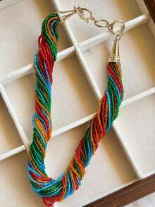 1pc Bohemian Multi-Layer Beaded Necklace, Fashionable Collarbone Chain, Retro Luxurious Elegant Necklace Accessory - Multicolor - View 9