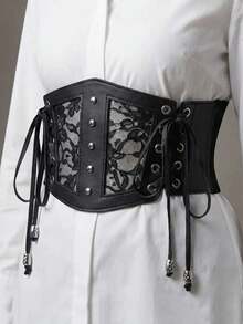 1pc Women's Black Lace Trim Mesh Hollow Elastic Waist Cincher With Tie-Up, Sexy Waist Trainer Suitable For Party, Gathering Or Daily Wear - Black - View 2