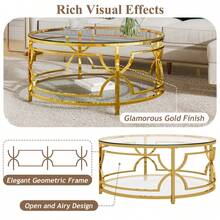 MERAX Round Tempered Glass Coffee Table In 30.7",Luxurious Geometric Metal Frame,Gold Finish & Lower Shelf, Transparent - 透明的 - 查看 4