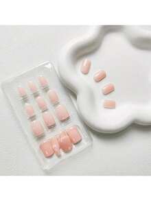 24pcs Square Press On Nails Short Color Acrylic With Solid Design Full Cover False Glossy Glue On Cute Stick On Women Manicure - Hồng - Xem 5