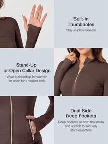 Women's Long Sleeve BBL Jacket With Pockets And Thumb Holes, Running Workout  Activewear Top - Espresso/Vàng - Xem 2