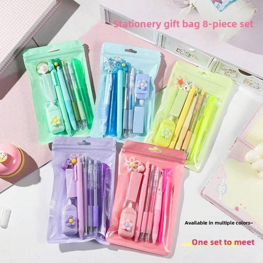 Juego de papelería de color macaron de alto valor, premios escolares para estudiantes, juego de 8 piezas de papelería de aprendizaje, regalos de mano en mano - Amarillo - Ver 1