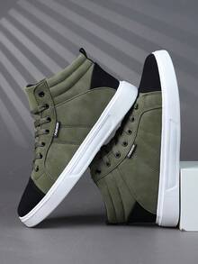 Men's Casual Sneakers, Lace-Up Soft Bottom Comfortable Skateboarding Shoes, Lightweight High-Top - Army Green - View 5