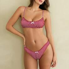 Women's 2 Piece Bikini Set Fashion Plaid Spaghetti Strap Bra And Low Elastic Waist Briefs Bathing Suit - 紅色 - 查看 1