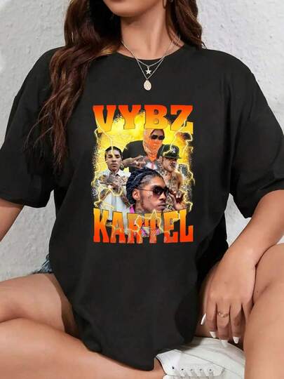 100% Cotton Vybz Kartel Collage With Text Prints Round Neck Short Sleeve T-Shirt Women's Men's Fashion Summer Tops Printing Graphic Tee