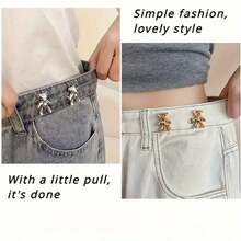 2pcs Gold Cartoon Bear Pants Buttons, Detachable Metal Waist Buttons Without Sewing - Gold - View 8