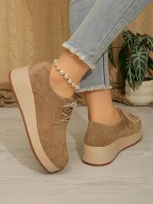 女士纯色时尚鞋，系带低帮厚底坡跟鞋，圆头百搭休闲鞋 - 卡其色 - 查看 3