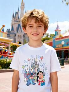 Disney Boys' T-Shirt, Featuring Creative Stitch And Disney Castle Cartoon Prints. Summer Cotton Crew-Neck Short-Sleeve Shirt For Boys, Perfect For Everyday Wear, Vacations, Outdoor Activities, And As A Gift For Children. - White - View 1