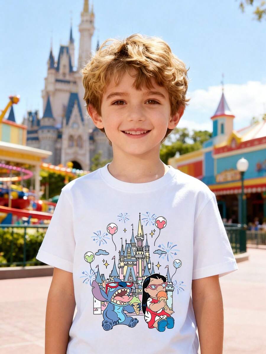 Disney Boys' T-Shirt, Featuring Creative Stitch And Disney Castle Cartoon Prints. Summer Cotton Crew-Neck Short-Sleeve Shirt For Boys, Perfect For Everyday Wear, Vacations, Outdoor Activities, And As A Gift For Children. - White - View 1