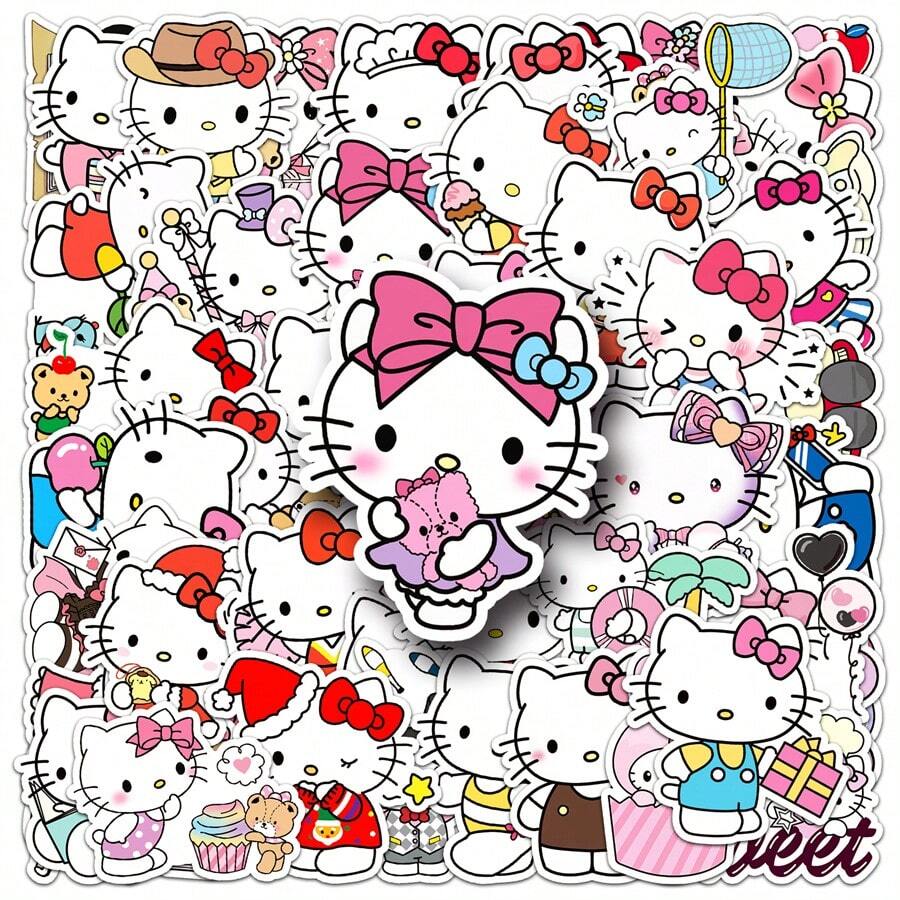 Sanrio 50张2-3英寸官方授权Hello Kitty防水乙烯基贴纸，儿童友好型涂鸦贴纸，适用于笔记本电脑、水瓶、保险杠、电脑、手机、笔记本（多种款式） - 彩色 - 查看 1