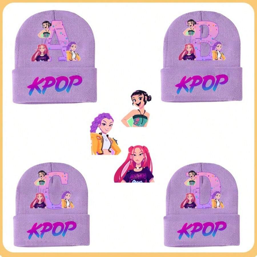 1pc Kids Knitted Hat, Cartoon Anime KPOP Witch Hunting Group Fleece Warm Beanie Cap, Outdoor Cold Weather Hat - Multicolor - View 1