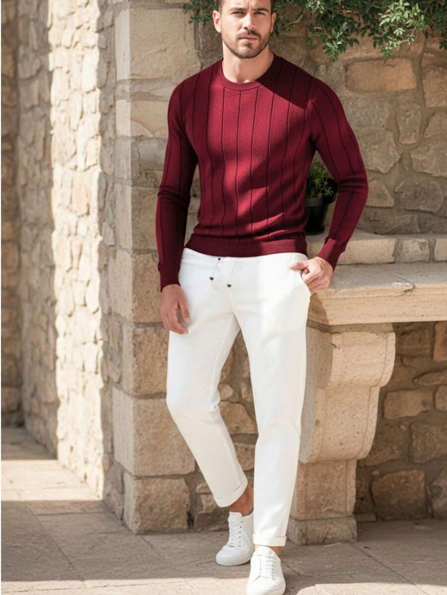 Men's Casual Ribbed Knit Sweater, Crew Neck, Minimalist And Fashionable For Everyday Wear - 酒紅色 - 查看 1