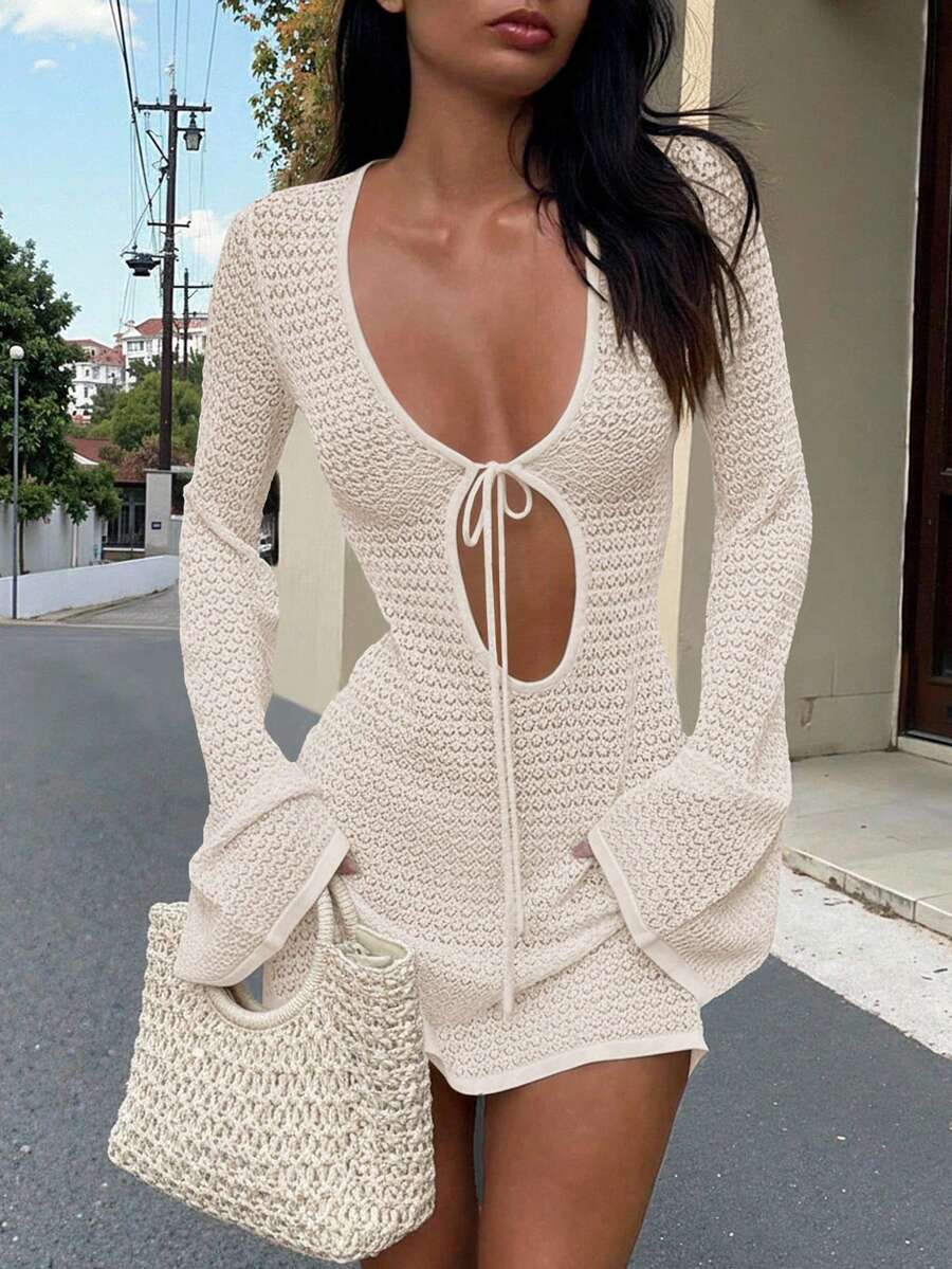 Women's New Hollow Out Sexy Beach Vacation Casual Daily Dress, Flare Sleeve Short Knit Sweater Dress, Spring/Summer/Autumn - Beige - View 1