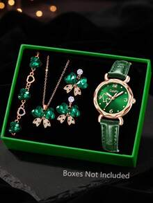 Gaiety 5Pcs Women's Ladies Female PU Leather Strap Quartz Wrist Watch Butterfly Bracelet Necklace Earring Jewelry Set Elegant Fashion Light Luxury Rhinestone Heart Dial Used For Daily Wear Party Decoration Or Holiday Gifts For Girlfriends And Mothers