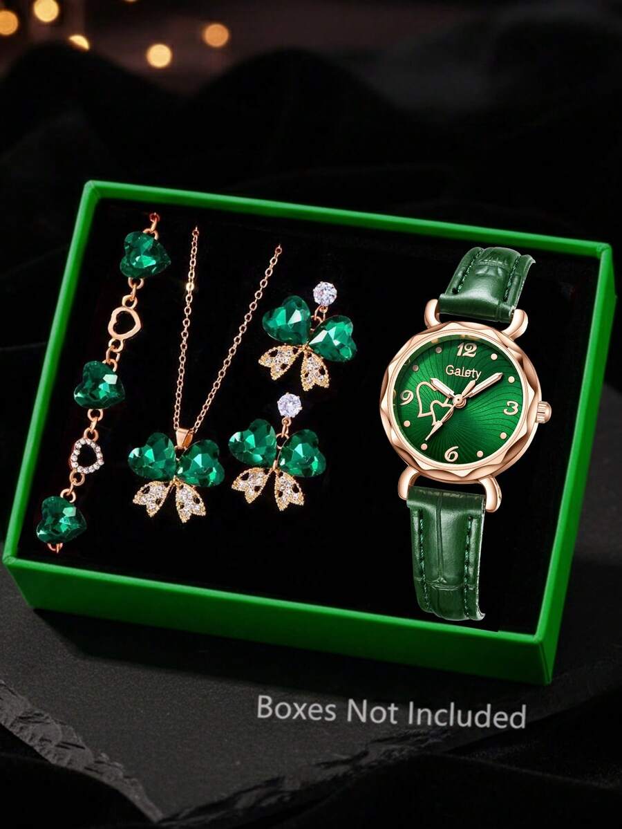 Gaiety 5Pcs Women's Ladies Female PU Leather Strap Quartz Wrist Watch Butterfly Bracelet Necklace Earring Jewelry Set Elegant Fashion Light Luxury Rhinestone Heart Dial Used For Daily Wear Party Decoration Or Holiday Gifts For Girlfriends And Mothers