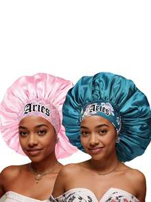 1 /2PCS Hair Basic Satin Bonnet 12 Constellations Personalization Printed Satin Wide-Brimmed Elastic Sleep Cap Hat Satin Hair Cap(Random Printing Pattern) - Green Sm12 - View 10