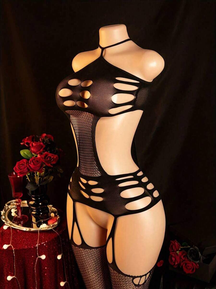 1 性感内衣连体裤，女士镂空渔网连体裤，丝袜连体裤，适合夜店、夜生活、约会、演出、新婚之夜的连体裤 – 性感丝袜和紧身裤内衣 - 黑色 - 查看 1