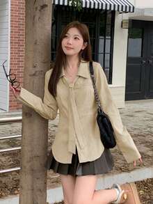 女士镜面长袖修身衬衫，学院风修身上衣 - 杏色 - 查看 3