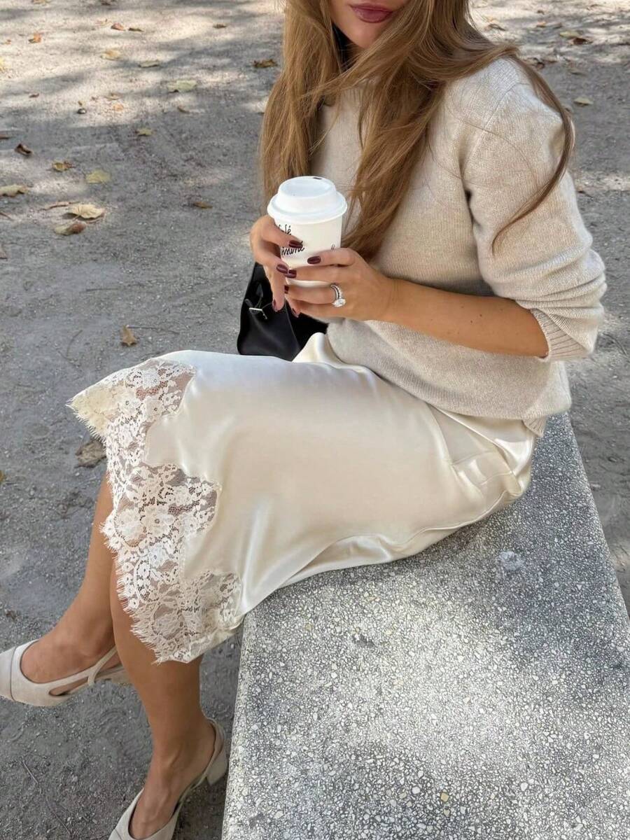 Lace Satin Maxi Skirts For Women Casual Elegant Fall A Line Elastic Waist High Rise Silk Midi Skirt With Lace Patchwork Y2k Aesthetic Going Out Skirt Party Club Streetwear - Rượu sâm banh - Xem 1