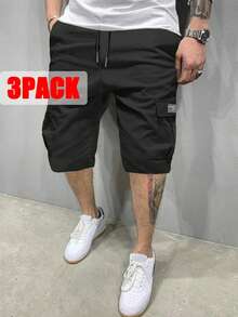 3-Pack Men's Cargo Shorts | Multi-Pocket Drawstring Casual Shorts | 100% Polyester | Outdoor Sports Shorts | Men's Summer Fashion Versatile Casual Shorts - 卡其+灰色+黑色 - 查看 6