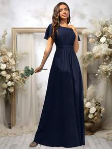 Volly Toych Elegant Modest Chiffon Maxi Bridesmaid Dress With Scoop Neck And Flounce Short Sleeves Draped Ruffle Classy Vacation Style - Navy Blue - View 6