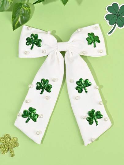 1pc St. Patrick's Day Girl's Hair Accessory, Four-Leaf Clover & Pearl Design Bow Hair Clip, White & Green Lucky Gift Hair Pin, Elegant Ribbon Bow Hair Clip, Cute Hair Decoration For Girls & Teens, Suitable For Daily & Party Wear