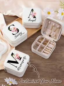 Customized Name Jewelry Box, Personalized Bridesmaid Jewelry Box, Zipper Closure, Floral Art Pattern, Personalized Jewelry Box, Leather Travel Ring Box, Fabric Lining And Compartment, Elegant Travel Jewelry Storage Box, Multi-Functional Exquisite Fashion High-Quality, Mother's Day Gift For Women - Multicolor - View 1