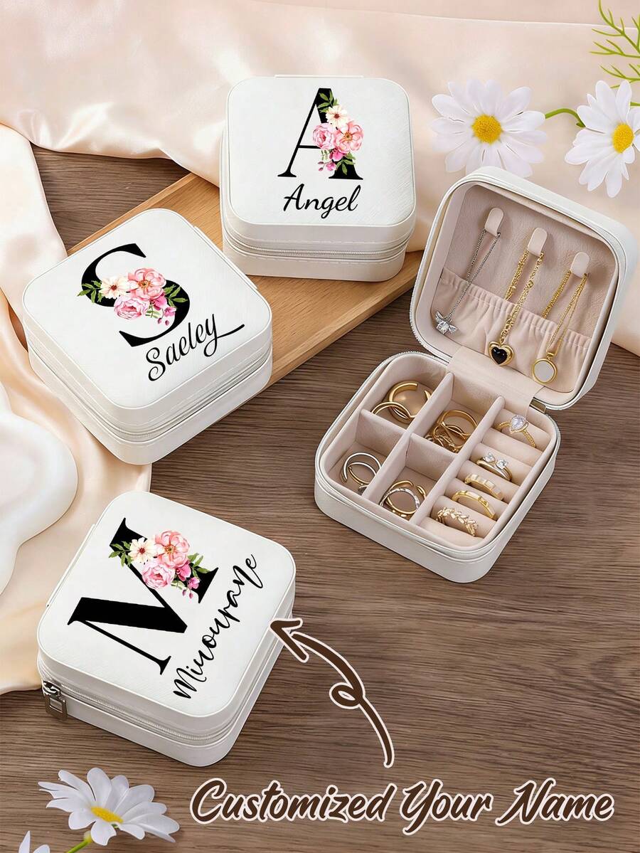 Customized Name Jewelry Box, Personalized Bridesmaid Jewelry Box, Zipper Closure, Floral Art Pattern, Personalized Jewelry Box, Leather Travel Ring Box, Fabric Lining And Compartment, Elegant Travel Jewelry Storage Box, Multi-Functional Exquisite Fashion High-Quality, Mother's Day Gift For Women - Multicolor - View 1