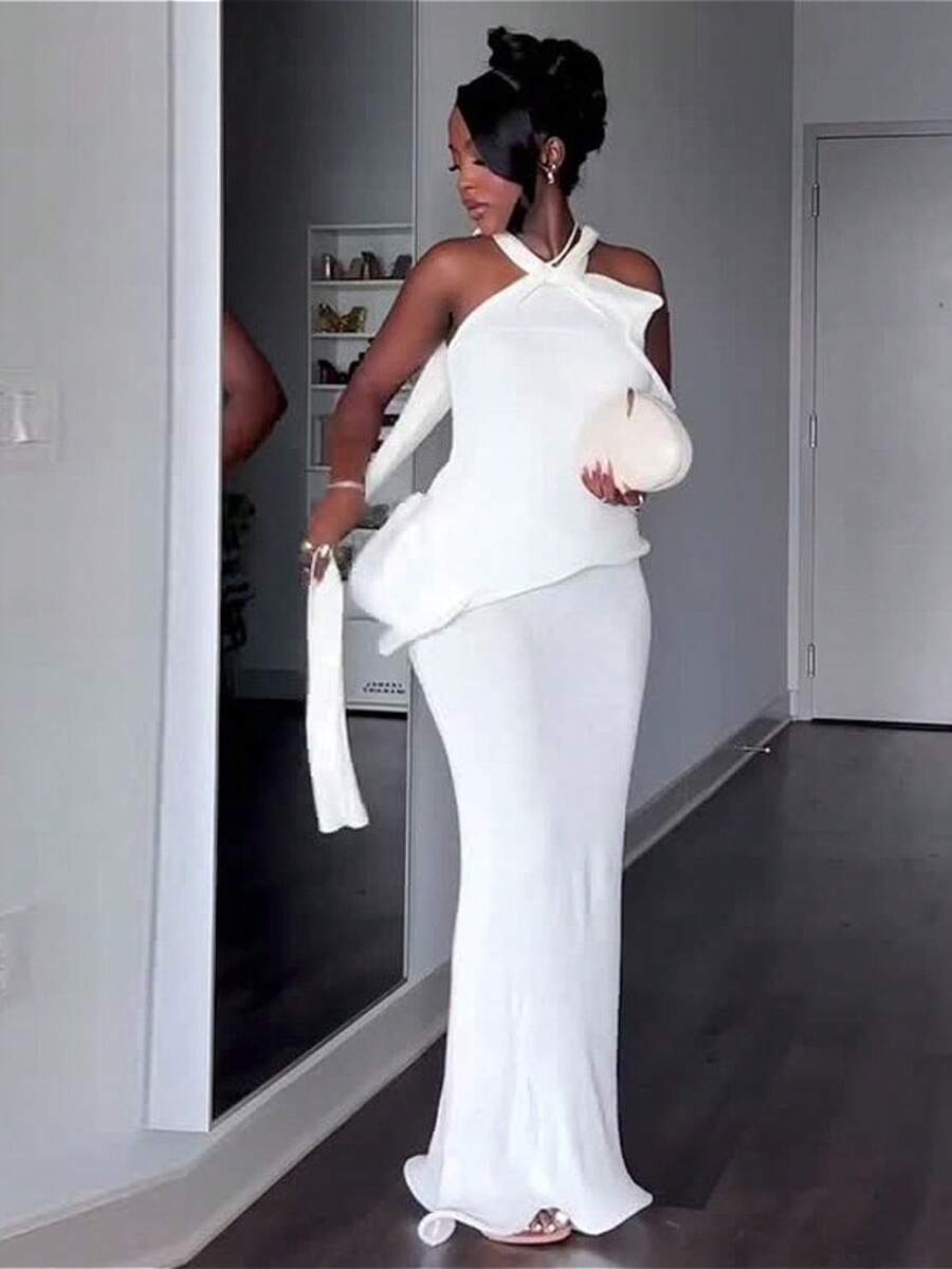New Women's Clothing Neck Halter Elegant Pure White Elegant Dress - trắng - Xem 1