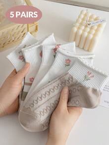 5双女士袜子，春季碎花短袜，复古格子蕾丝袜，适合搭配皮鞋和乐福鞋 - 彩色 - 查看 7