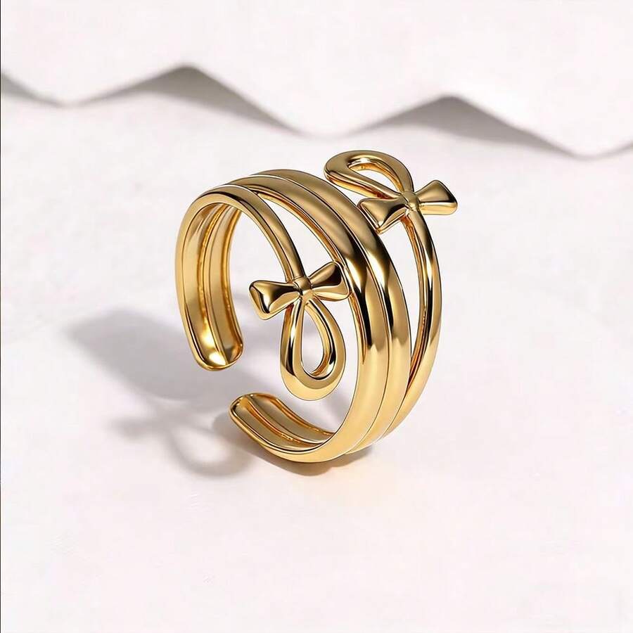 COINBUFF 1pc Elegant Anchor Symbol Line Stainless Steel Gold Plated Adjustable Open Ring, Suitable For Daily Wear And Holiday Gifts - As Shown - View 1