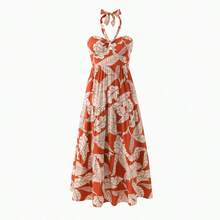 PatPat Family Matching Outfits Coral Leaf Print Halter Dress Or Short-Sleeve Shirt Set Summer  Vacation Collection - 紅色 - 查看 2