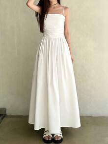 Vestido elegante de unicolor con cintura fruncida, vestido con tirantes finos y espalda descubierta favorecedora para vacaciones y fiestas, blanco de verano - Blanco - Ver 5