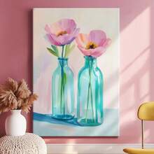 1pc Valentine Wall Art, Token Of Love, A Pink Wooden Framed Wall Art, Wrapped Canvas Vintage Prints Poster, Vases, Pink Flower, Purple Flower, Home Living Room Bedroom Ofice Wall Decor, Birthday Party Decor, Hanging Hardware Included - Wrapped Framed Canvas, Vertical - Lienzo enmarcado - Ver 2