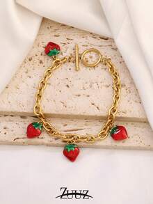 1pc Fashion Stainless Steel Strawberry Pendant Bracelet For Women Chain Bracelet Jewelry Party Gifts Suitable Daily Wear - Bracelet - View 7
