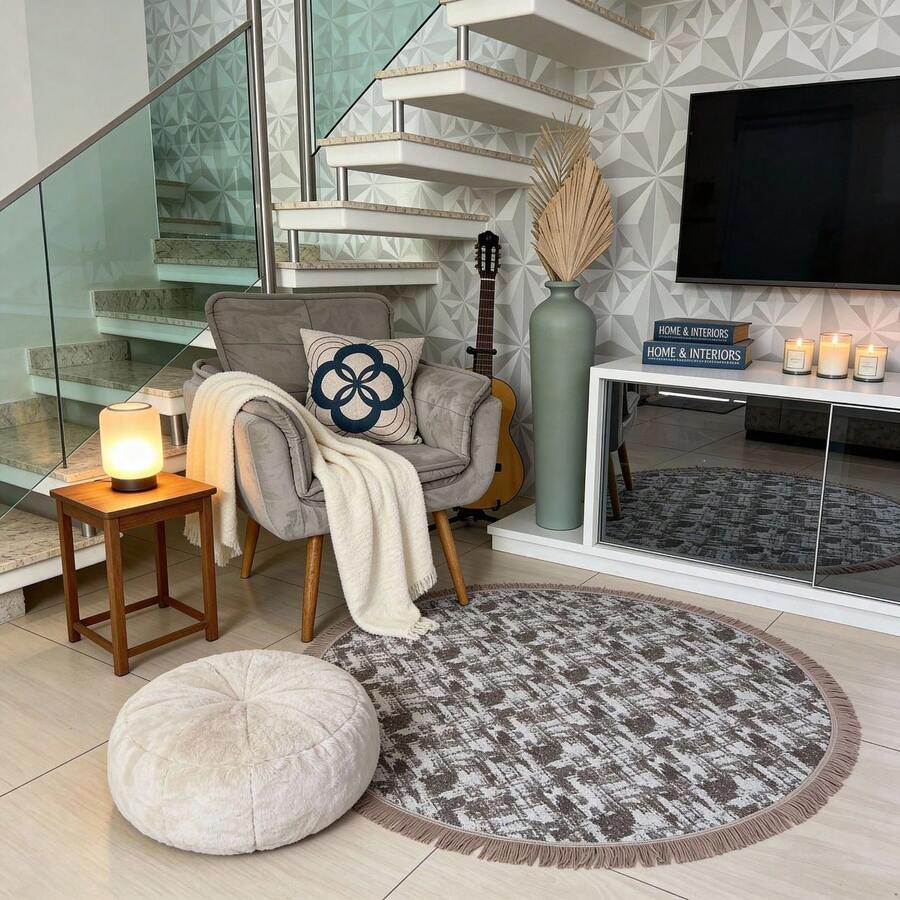 Round Geometric Living Room Rug 1.50x1.50 With Non-Slip - Màu nâu Sô-cô-la - Xem 1