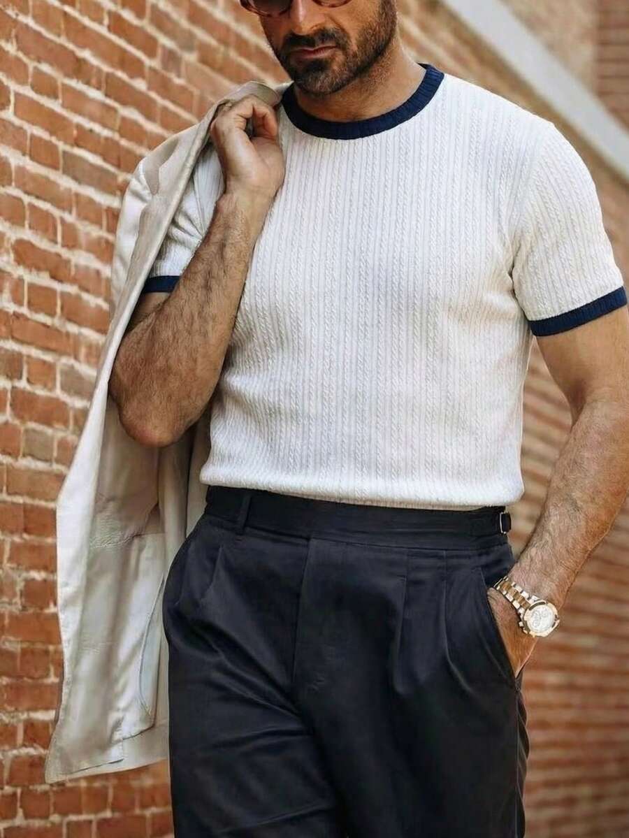 Herren Sommer Lässig Crew Neck Patchwork Schwarz & Weiß gestreiftes Kurzarm T-Shirt - Weiss - Übersicht 1