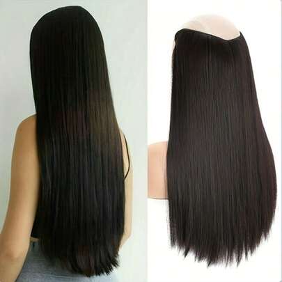 1个U型无缝真人发发髻，8-24英寸，自然黑色，带5个夹子，一体式真人发发髻，易于佩戴，柔顺直发，适合女性