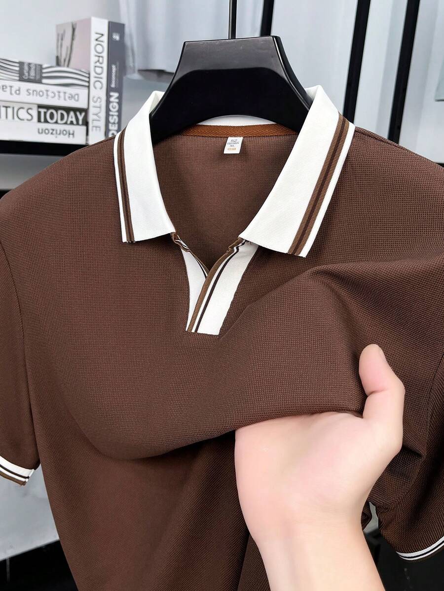 Camisa polo formal para hombre, de manga larga y cuello en V, para uso casual y de negocios - Café integral - Ver 1