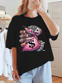 Ladies' Casual Money Bag Letter Pattern Printed Fashion Pullover  Crew Neck, Soft Comfortable, Ideal For Daily Wear And Festive Gifts - 黑色 - 查看 1