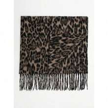 1pc Solid Color Scarf, Winter Warm Neck, Thickened Wool Knitted Thick Fringed Shawl, Can Be Worn For Dress - Leopard Print - View 4