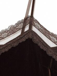 优雅女士复古缎面蕾丝天鹅绒性感吊带露背短款上衣夏季 - 咖啡棕 - 查看 6