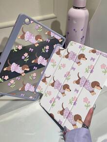 1个可爱卡通紫色小狗和花朵图案双面亚克力透明水晶后盖，防震，适用于iPad 7、8、10代（10.2英寸），内置笔槽，支持睡眠/唤醒功能，是理想的圣诞节和新年礼物