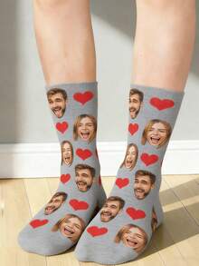 1 Pair Customized Face & Heart Pattern Comfortable Knit Couple Socks, Suitable For Anniversary/Gift - Grey - View 3