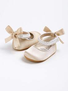 Infant Mary Jane Flats - Infant Newborn Toddler Shoes, Soft Rubber Sole, Princess Style Wedding Shoes - Champagne - View 3