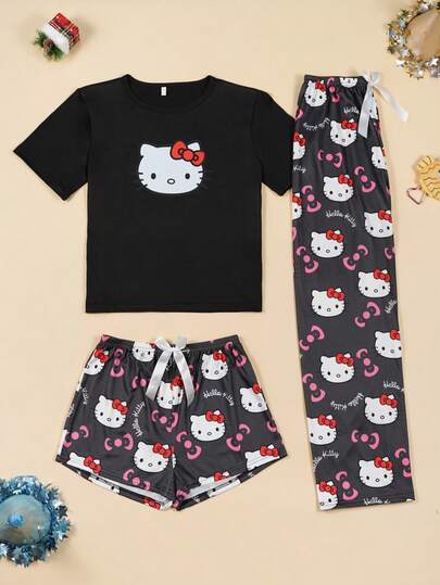  3 ชิ้น Sanrio Hello Kitty ชุดนอนแขนสั้นผู้หญิงคอลเลกชันฤดูใบไม้ผลิ/ฤดูร้อนใหม่, เสื้อพิมพ์ลาย KT น่ารักแบบลำลอง, กางเกงขาสั้นและกางเกงขายาว ชุดเสื้อผ้าสำหรับอยู่บ้านที่หรูหรา