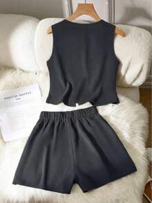 Set de 2 piezas de conjunto informal de mujer de unicolor con nudo, elegante para primavera/verano - Negro - Ver 2