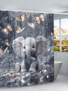 1件/4件装大象雨中主题浴帘，保暖防水，带12个挂钩，适用于房间、家庭、酒店，可机洗浴室帘 - 彩色 - 查看 14