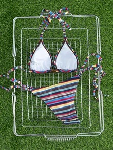 Bộ bikini buộc dây cổ yếm phối màu tươi tắn, kiểu dáng châu Âu và Mỹ dành cho nữ, gồm áo và quần tam giác, thích hợp cho kỳ nghỉ hè trên bãi biển. - Nhiều màu - Xem 6